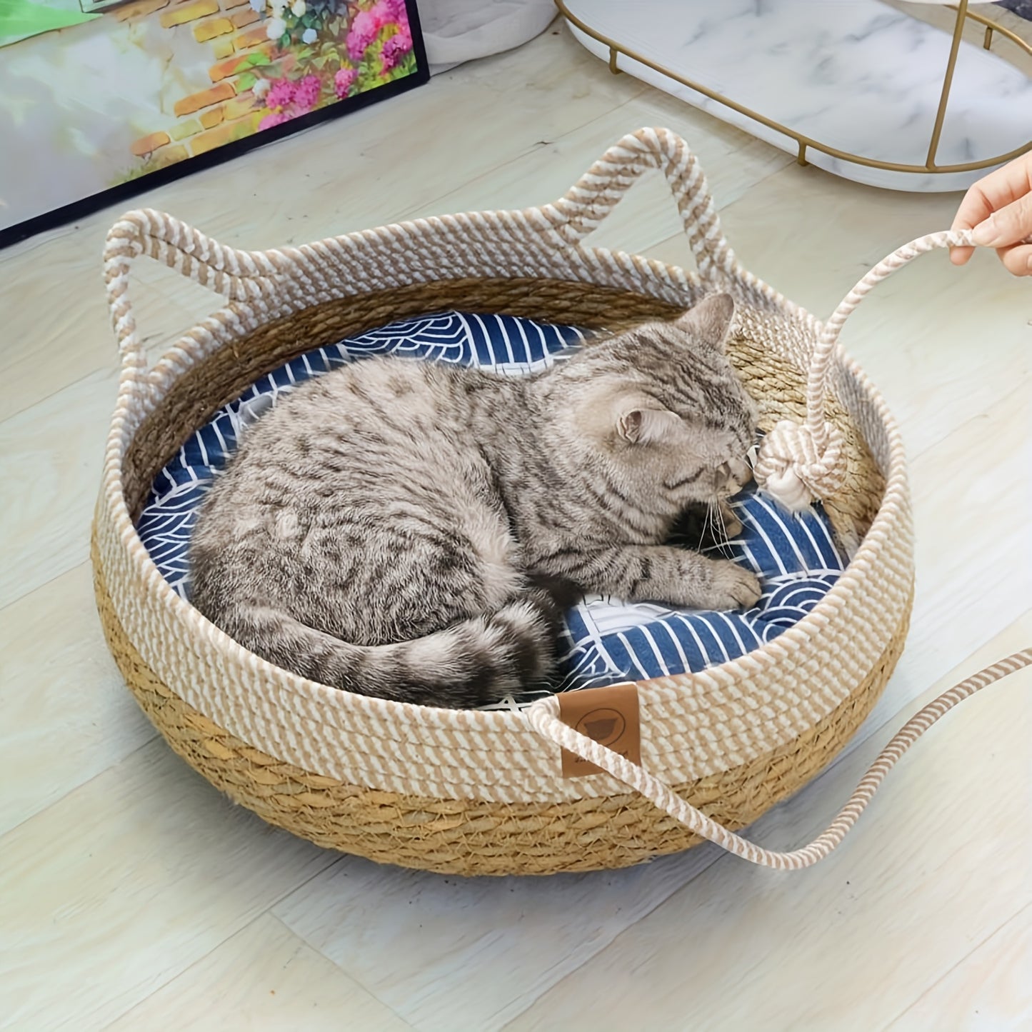 Vintage Kuschelnest - Handgewebtes Katzenbett Blau