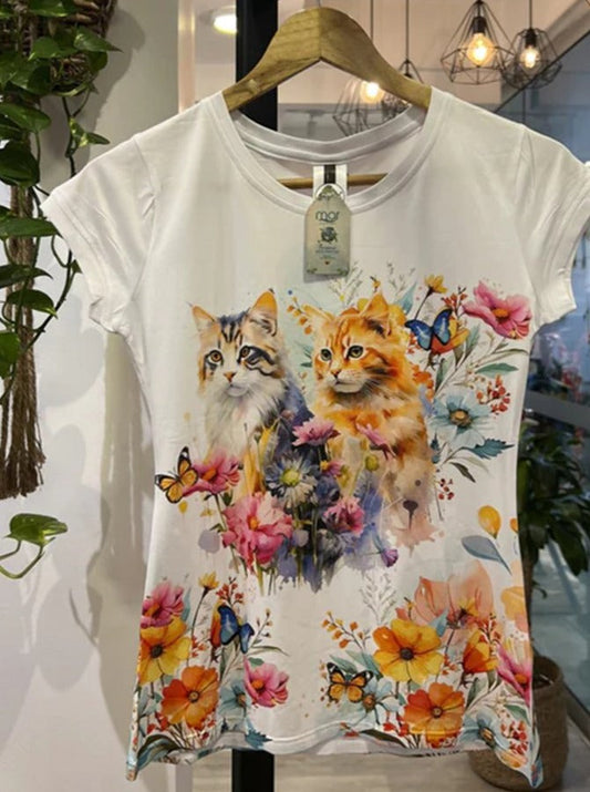 Charmantes Katzen-T-Shirt mit Rundhalsausschnitt